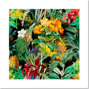 Colorful tropical floral leaves botanical illustration, tropical plants,leaves and flowers, black yellow leaves pattern Posters and Art